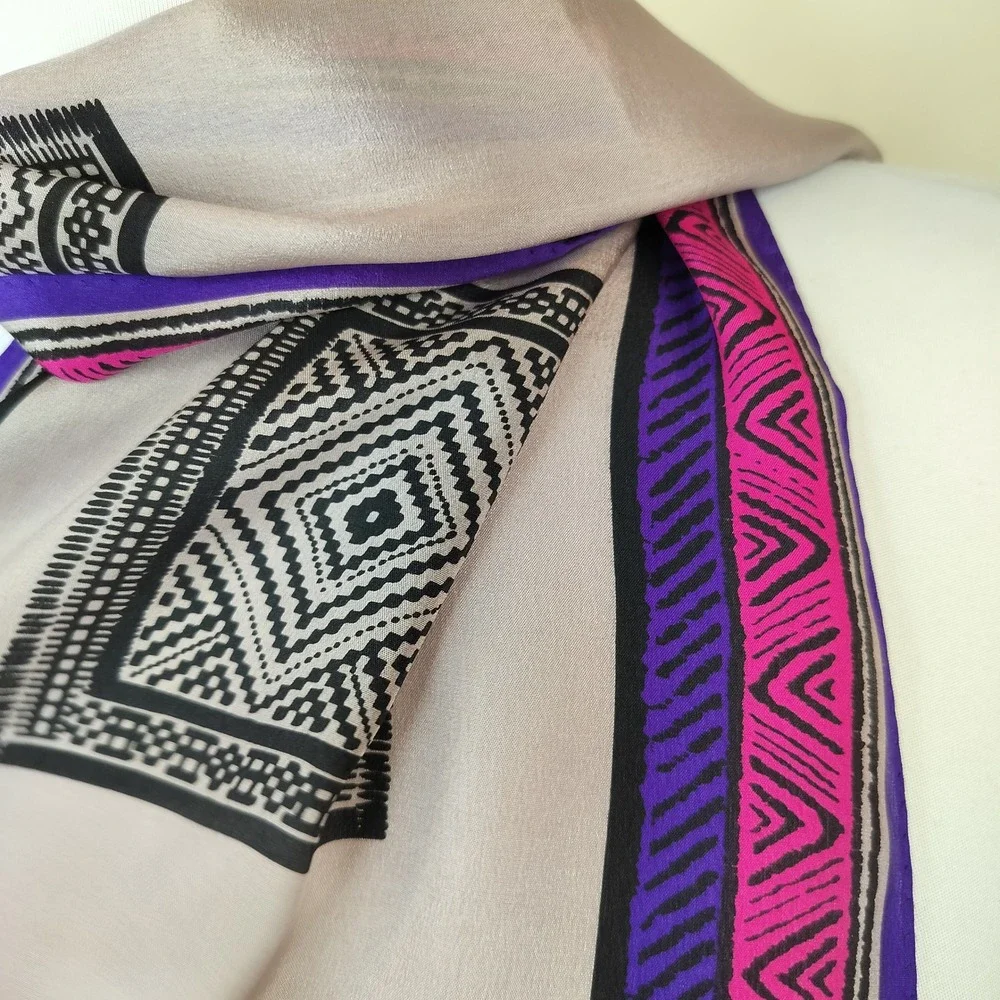Oscar de la Renta Silk Scarf 51x10 Geometric Tribal Bohemian Purple Pink Grey